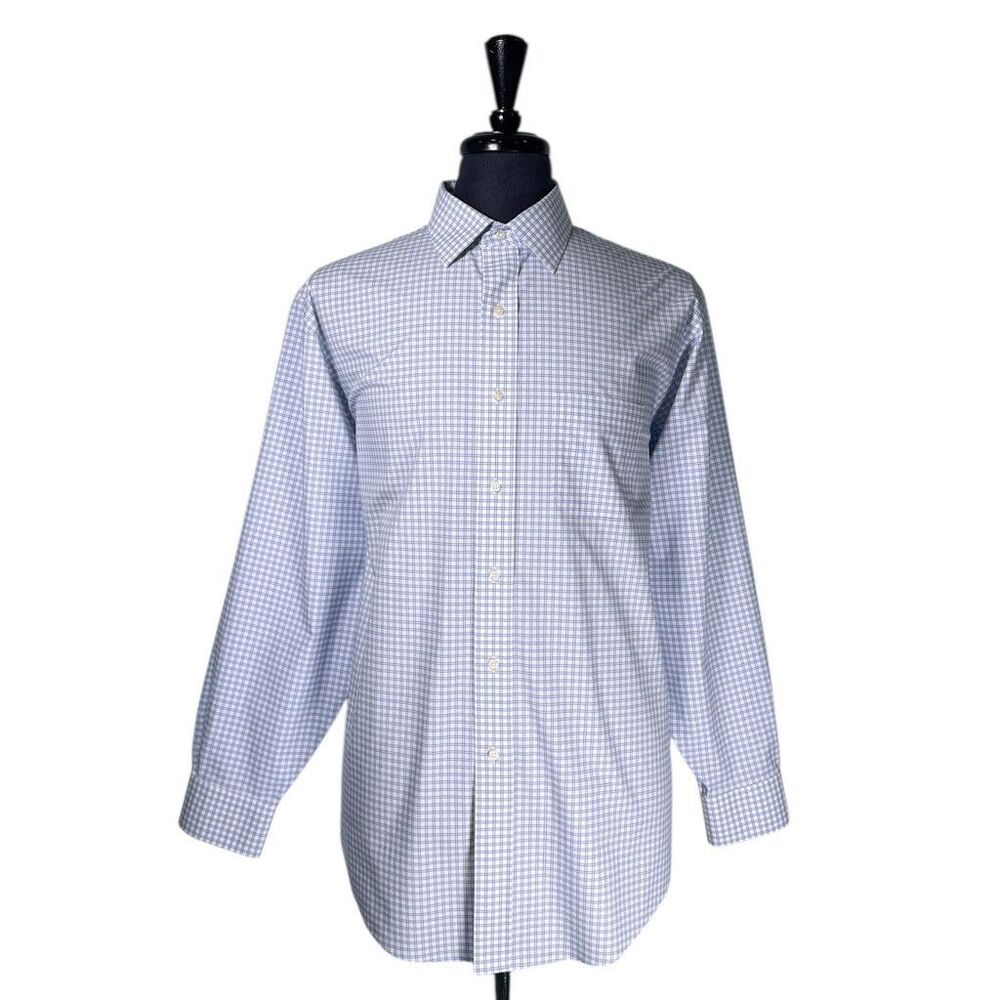 Brooks Brothers Mens Dress Shirt 16.5 34 Blue White Plaid Check Non Iron Stretch